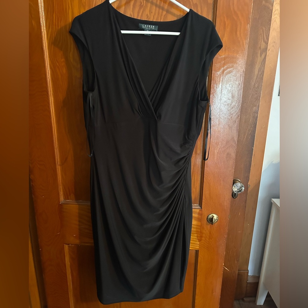 Ralph Lauren Black Draped V-Neck Midi Dress